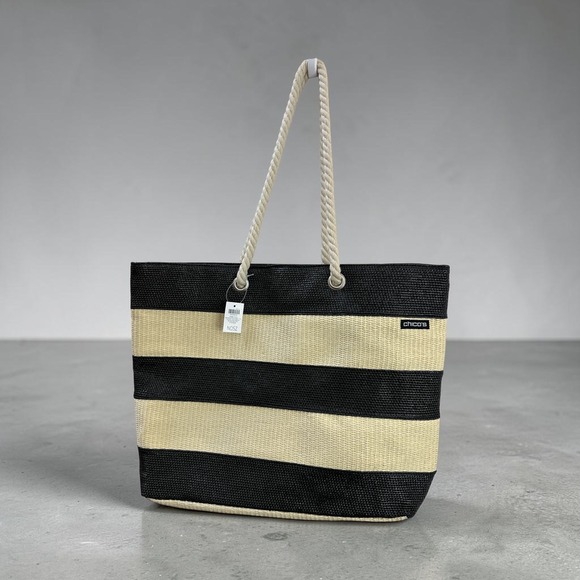 Chico's Handbags - NEW Chico's Black Neutral Striped Woven Straw Beach Tote Bag Rope Handles Resort